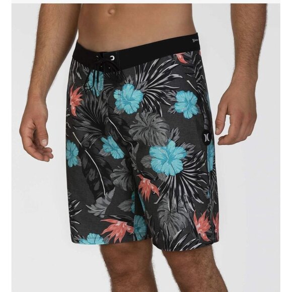 Hurley Mens Phantom Tropics Floral Boardshorts Size 44 Black With Turquoise Red - Picture 1 of 8